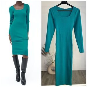 ZARA Ribbed Knit Dress Blue Green New Small